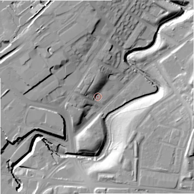Shaded relief map of the ground around M47DL, computed from Environment Agency LiDAR. The ground here sits at about 38 m above sea level and falls 21 m across the surrounding 800 m. Surface water reaching this point runs off ground lying to the north-west, 8.2 m higher.