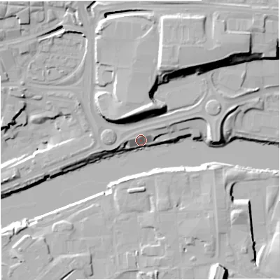 Shaded relief map of the ground around M501RD, computed from Environment Agency LiDAR. The ground here sits at about 23 m above sea level and falls 21 m across the surrounding 800 m. Surface water reaching this point runs off ground lying to the east-north-east, 5.1 m higher.