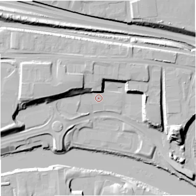 Shaded relief map of the ground around M501RE, computed from Environment Agency LiDAR. The ground here sits at about 25 m above sea level and falls 23 m across the surrounding 800 m. Surface water reaching this point runs off ground lying to the west-north-west, 13.9 m higher.