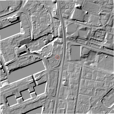 Shaded relief map of the ground around M503AA, computed from Environment Agency LiDAR. The ground here sits at about 24 m above sea level and falls 13 m across the surrounding 800 m. Surface water reaching this point runs off ground lying to the north, 9.9 m higher.