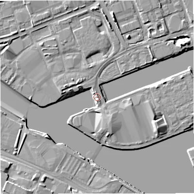 Shaded relief map of the ground around M503AB, computed from Environment Agency LiDAR. The ground here sits at about 24 m above sea level and falls 8 m across the surrounding 800 m. Surface water reaching this point runs off ground lying to the south-south-east, 4.2 m higher.