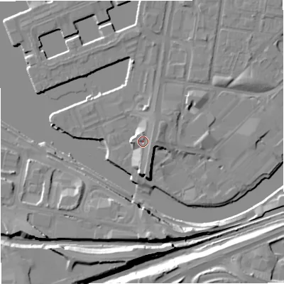 Shaded relief map of the ground around M503AD, computed from Environment Agency LiDAR. The ground here sits at about 27 m above sea level and falls 14 m across the surrounding 800 m. Surface water reaching this point runs off ground lying to the south, 2.2 m higher.