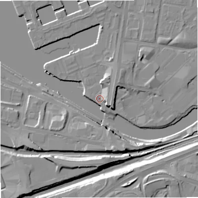 Shaded relief map of the ground around M503AE, computed from Environment Agency LiDAR. The ground here sits at about 24 m above sea level and falls 14 m across the surrounding 800 m. Surface water reaching this point runs off ground lying to the south-south-east, 10.9 m higher.