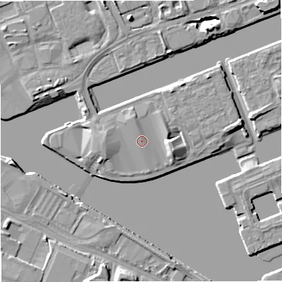 Shaded relief map of the ground around M503AG, computed from Environment Agency LiDAR. The ground here sits at about 25 m above sea level and falls 8 m across the surrounding 800 m. The ground contributing surface water to this point lies to the north.