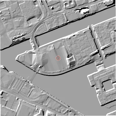 Shaded relief map of the ground around M503AH, computed from Environment Agency LiDAR. The ground here sits at about 25 m above sea level and falls 8 m across the surrounding 800 m. Surface water reaching this point runs off ground lying to the north-west, 0.8 m higher.