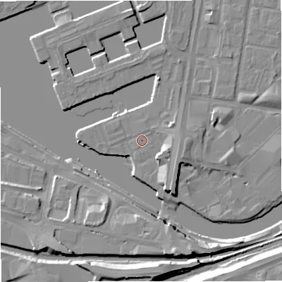 Shaded relief map of the ground around M503AJ, computed from Environment Agency LiDAR. The ground here sits at about 24 m above sea level and falls 12 m across the surrounding 800 m. The ground contributing surface water to this point lies to the north-east.