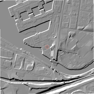 Shaded relief map of the ground around M503AN, computed from Environment Agency LiDAR. The ground here sits at about 24 m above sea level and falls 14 m across the surrounding 800 m. Surface water reaching this point runs off ground lying to the south-east, 5.1 m higher.