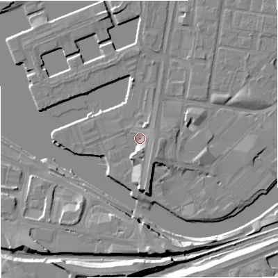 Shaded relief map of the ground around M503AQ, computed from Environment Agency LiDAR. The ground here sits at about 24 m above sea level and falls 12 m across the surrounding 800 m. Surface water reaching this point runs off ground lying to the south, 5.0 m higher.