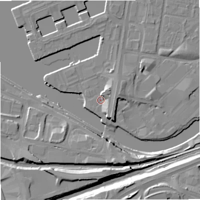 Shaded relief map of the ground around M503AT, computed from Environment Agency LiDAR. The ground here sits at about 24 m above sea level and falls 14 m across the surrounding 800 m. Surface water reaching this point runs off ground lying to the south-east, 5.1 m higher.
