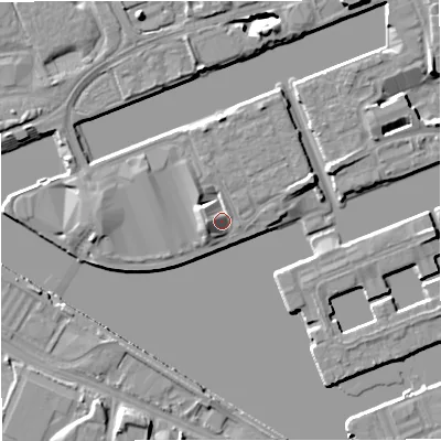 Shaded relief map of the ground around M503AY, computed from Environment Agency LiDAR. The ground here sits at about 25 m above sea level and falls 8 m across the surrounding 800 m. Surface water reaching this point runs off ground lying to the west, 4.8 m higher.