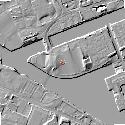 Shaded relief map of the ground around M503AZ, computed from Environment Agency LiDAR. The ground here sits at about 24 m above sea level and falls 8 m across the surrounding 800 m. Surface water reaching this point runs off ground lying to the west, 1.8 m higher.