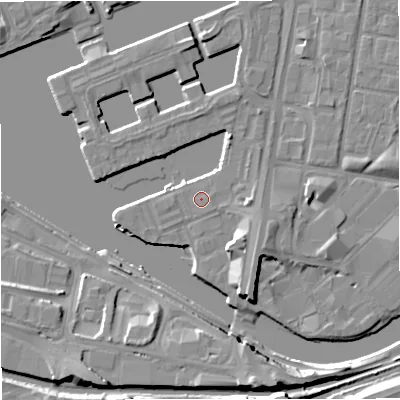 Shaded relief map of the ground around M503BL, computed from Environment Agency LiDAR. The ground here sits at about 24 m above sea level and falls 11 m across the surrounding 800 m. The ground contributing surface water to this point lies to the east.