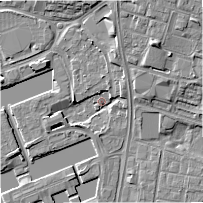 Shaded relief map of the ground around M503DA, computed from Environment Agency LiDAR. The ground here sits at about 23 m above sea level and falls 14 m across the surrounding 800 m. Surface water reaching this point runs off ground lying to the south-west, 4.8 m higher.