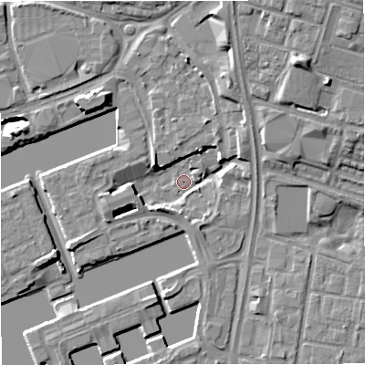 Shaded relief map of the ground around M503DB, computed from Environment Agency LiDAR. The ground here sits at about 22 m above sea level and falls 14 m across the surrounding 800 m. Surface water reaching this point runs off ground lying to the south-west, 4.8 m higher.