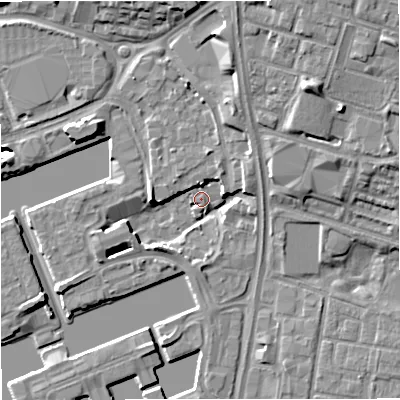 Shaded relief map of the ground around M503DG, computed from Environment Agency LiDAR. The ground here sits at about 23 m above sea level and falls 14 m across the surrounding 800 m. Surface water reaching this point runs off ground lying to the west, 5.3 m higher.
