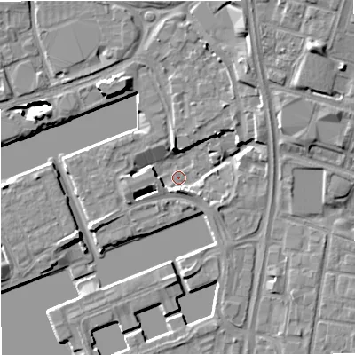 Shaded relief map of the ground around M503DH, computed from Environment Agency LiDAR. The ground here sits at about 22 m above sea level and falls 14 m across the surrounding 800 m. Surface water reaching this point runs off ground lying to the south, 4.8 m higher.