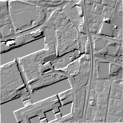 Shaded relief map of the ground around M503DP, computed from Environment Agency LiDAR. The ground here sits at about 22 m above sea level and falls 14 m across the surrounding 800 m. Surface water reaching this point runs off ground lying to the south-south-west, 4.8 m higher.