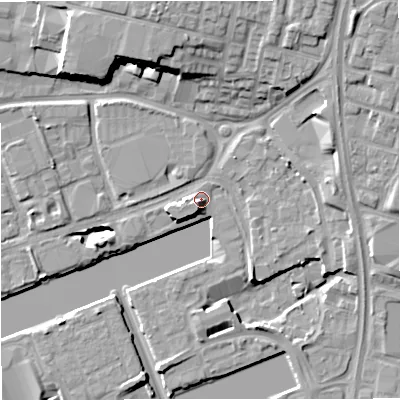 Shaded relief map of the ground around M503SE, computed from Environment Agency LiDAR. The ground here sits at about 25 m above sea level and falls 16 m across the surrounding 800 m. Surface water reaching this point runs off ground lying to the west-south-west, 3.5 m higher.