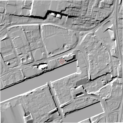 Shaded relief map of the ground around M503SF, computed from Environment Agency LiDAR. The ground here sits at about 24 m above sea level and falls 15 m across the surrounding 800 m. Surface water reaching this point runs off ground lying to the east-north-east, 3.4 m higher.