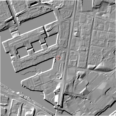 Shaded relief map of the ground around M503SG, computed from Environment Agency LiDAR. The ground here sits at about 24 m above sea level and falls 8 m across the surrounding 800 m. Surface water reaching this point runs off ground lying to the west-south-west, 1.7 m higher.