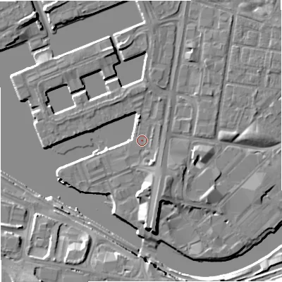 Shaded relief map of the ground around M503SN, computed from Environment Agency LiDAR. The ground here sits at about 24 m above sea level and falls 10 m across the surrounding 800 m. Surface water reaching this point runs off ground lying to the south-south-east, 2.7 m higher.