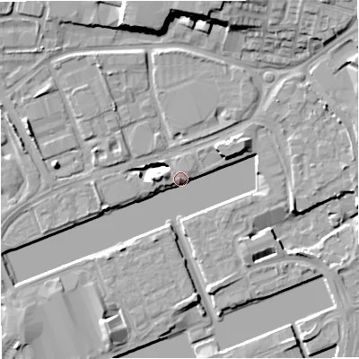 Shaded relief map of the ground around M503SP, computed from Environment Agency LiDAR. The ground here sits at about 25 m above sea level and falls 15 m across the surrounding 800 m. Surface water reaching this point runs off ground lying to the north, 14.6 m higher.