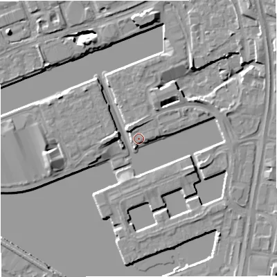 Shaded relief map of the ground around M503SQ, computed from Environment Agency LiDAR. The ground here sits at about 24 m above sea level and falls 10 m across the surrounding 800 m. Surface water reaching this point runs off ground lying to the north-west, 2.5 m higher.