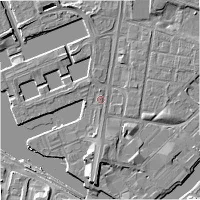 Shaded relief map of the ground around M503SR, computed from Environment Agency LiDAR. The ground here sits at about 24 m above sea level and falls 8 m across the surrounding 800 m. Surface water reaching this point runs off ground lying to the south, 5.0 m higher.