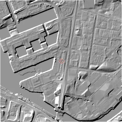 Shaded relief map of the ground around M503SS, computed from Environment Agency LiDAR. The ground here sits at about 24 m above sea level and falls 8 m across the surrounding 800 m. Surface water reaching this point runs off ground lying to the west-north-west, 1.7 m higher.
