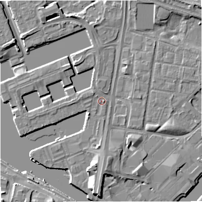 Shaded relief map of the ground around M503ST, computed from Environment Agency LiDAR. The ground here sits at about 24 m above sea level and falls 8 m across the surrounding 800 m. Surface water reaching this point runs off ground lying to the south, 5.0 m higher.