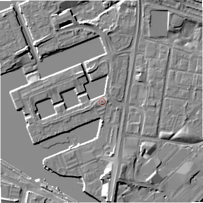 Shaded relief map of the ground around M503SU, computed from Environment Agency LiDAR. The ground here sits at about 24 m above sea level and falls 8 m across the surrounding 800 m. Surface water reaching this point runs off ground lying to the east-north-east, 2.7 m higher.