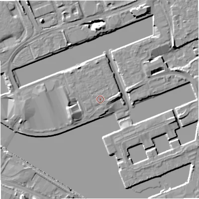 Shaded relief map of the ground around M503TT, computed from Environment Agency LiDAR. The ground here sits at about 24 m above sea level and falls 8 m across the surrounding 800 m. Surface water reaching this point runs off ground lying to the west-south-west, 4.8 m higher.
