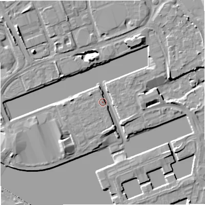 Shaded relief map of the ground around M503TU, computed from Environment Agency LiDAR. The ground here sits at about 24 m above sea level and falls 9 m across the surrounding 800 m. Surface water reaching this point runs off ground lying to the north-west, 8.1 m higher.