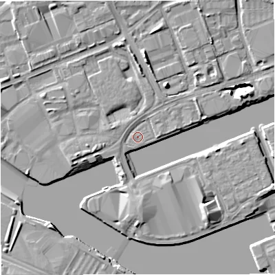 Shaded relief map of the ground around M503TW, computed from Environment Agency LiDAR. The ground here sits at about 24 m above sea level and falls 8 m across the surrounding 800 m. Surface water reaching this point runs off ground lying to the north, 4.7 m higher.
