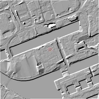 Shaded relief map of the ground around M503TX, computed from Environment Agency LiDAR. The ground here sits at about 24 m above sea level and falls 8 m across the surrounding 800 m. The ground contributing surface water to this point lies to the north-west.