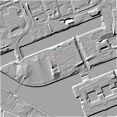 Shaded relief map of the ground around M503TY, computed from Environment Agency LiDAR. The ground here sits at about 24 m above sea level and falls 8 m across the surrounding 800 m. Surface water reaching this point runs off ground lying to the north-north-west, 1.0 m higher.