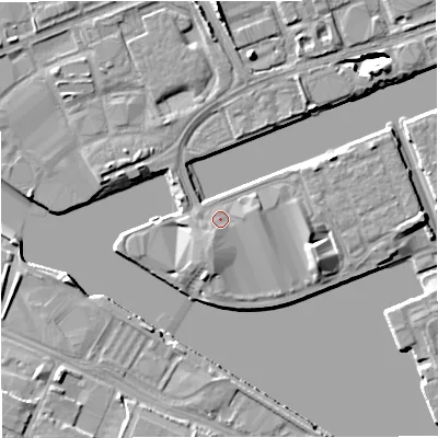 Shaded relief map of the ground around M503UB, computed from Environment Agency LiDAR. The ground here sits at about 24 m above sea level and falls 8 m across the surrounding 800 m. Surface water reaching this point runs off ground lying to the east, 1.4 m higher.
