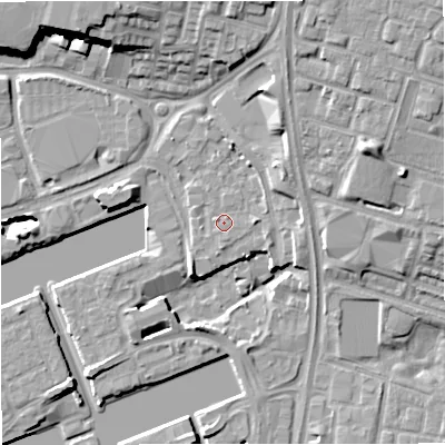 Shaded relief map of the ground around M503UP, computed from Environment Agency LiDAR. The ground here sits at about 25 m above sea level and falls 15 m across the surrounding 800 m. Surface water reaching this point runs off ground lying to the east, 1.3 m higher.