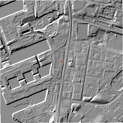 Shaded relief map of the ground around M503WL, computed from Environment Agency LiDAR. The ground here sits at about 24 m above sea level and falls 10 m across the surrounding 800 m. Surface water reaching this point runs off ground lying to the west, 1.2 m higher.