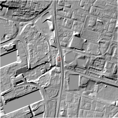 Shaded relief map of the ground around M503XB, computed from Environment Agency LiDAR. The ground here sits at about 27 m above sea level and falls 14 m across the surrounding 800 m. Surface water reaching this point runs off ground lying to the north, 7.9 m higher.