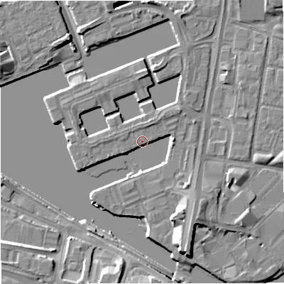 Shaded relief map of the ground around M503XF, computed from Environment Agency LiDAR. The ground here sits at about 24 m above sea level and falls 8 m across the surrounding 800 m. Surface water reaching this point runs off ground lying to the north-north-east, 3.0 m higher.