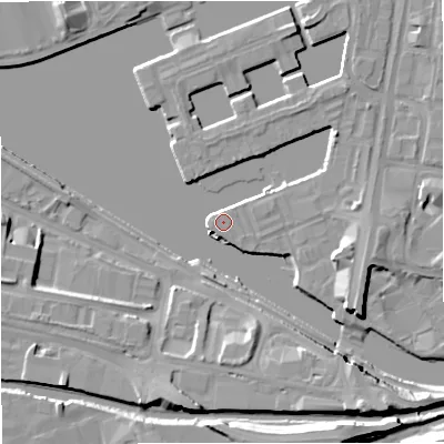Shaded relief map of the ground around M503XP, computed from Environment Agency LiDAR. The ground here sits at about 24 m above sea level and falls 11 m across the surrounding 800 m. Surface water reaching this point runs off ground lying to the south-east, 11.0 m higher.