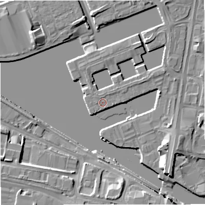 Shaded relief map of the ground around M503XQ, computed from Environment Agency LiDAR. The ground here sits at about 24 m above sea level and falls 9 m across the surrounding 800 m. Surface water reaching this point runs off ground lying to the north-east, 0.8 m higher.