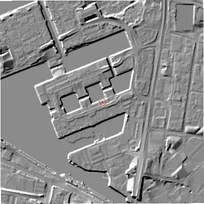 Shaded relief map of the ground around M503XR, computed from Environment Agency LiDAR. The ground here sits at about 24 m above sea level and falls 8 m across the surrounding 800 m. Surface water reaching this point runs off ground lying to the east-south-east, 2.6 m higher.