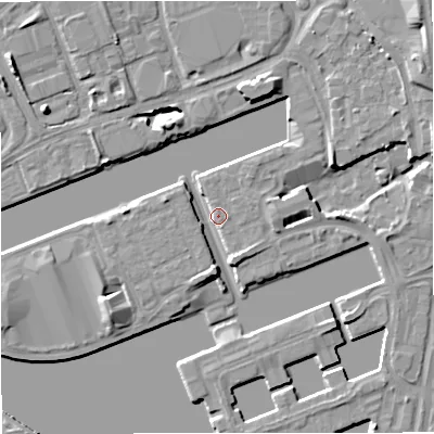 Shaded relief map of the ground around M503XT, computed from Environment Agency LiDAR. The ground here sits at about 24 m above sea level and falls 11 m across the surrounding 800 m. Surface water reaching this point runs off ground lying to the north-west, 2.6 m higher.