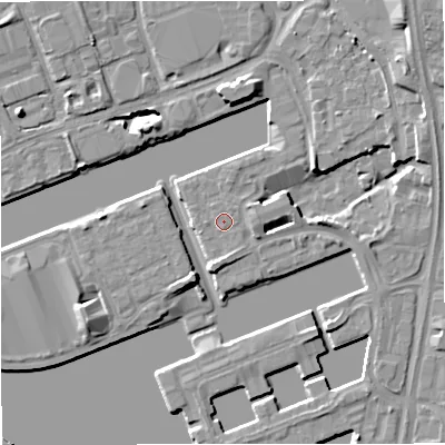 Shaded relief map of the ground around M503XU, computed from Environment Agency LiDAR. The ground here sits at about 24 m above sea level and falls 11 m across the surrounding 800 m. Surface water reaching this point runs off ground lying to the south-south-west, 1.7 m higher.