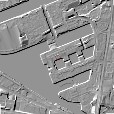 Shaded relief map of the ground around M503XW, computed from Environment Agency LiDAR. The ground here sits at about 24 m above sea level and falls 8 m across the surrounding 800 m. Surface water reaching this point runs off ground lying to the south-south-west, 2.3 m higher.