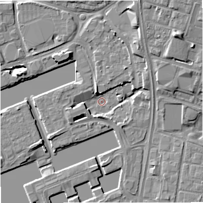 Shaded relief map of the ground around M503XX, computed from Environment Agency LiDAR. The ground here sits at about 22 m above sea level and falls 14 m across the surrounding 800 m. Surface water reaching this point runs off ground lying to the south, 4.8 m higher.