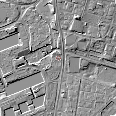 Shaded relief map of the ground around M503XZ, computed from Environment Agency LiDAR. The ground here sits at about 24 m above sea level and falls 13 m across the surrounding 800 m. Surface water reaching this point runs off ground lying to the north, 10.5 m higher.