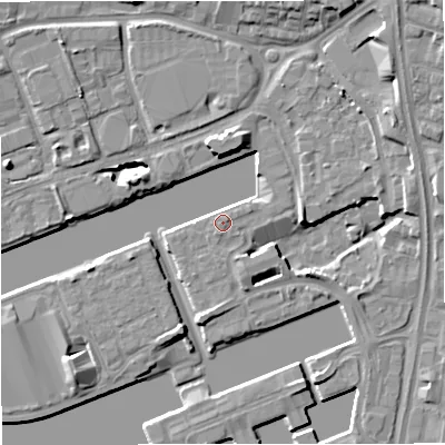 Shaded relief map of the ground around M503YH, computed from Environment Agency LiDAR. The ground here sits at about 24 m above sea level and falls 13 m across the surrounding 800 m. Surface water reaching this point runs off ground lying to the east-north-east, 0.7 m higher.